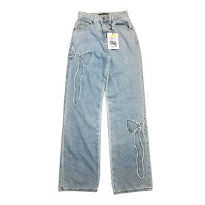 Straight Leg Denim Jeans Size 0 Rigid High Waist Bow Design Coquette Cute Girly